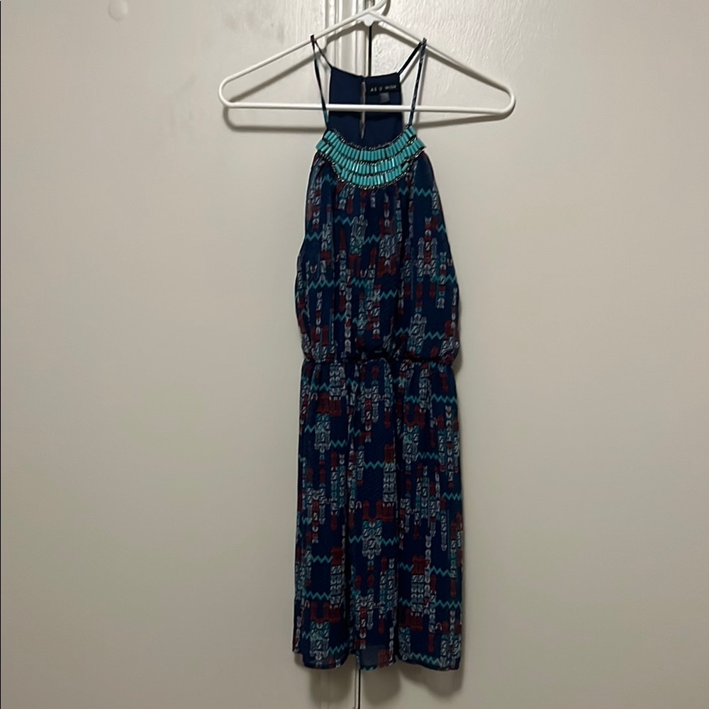Blue Patterned Halter Dress with Beaded Neckline